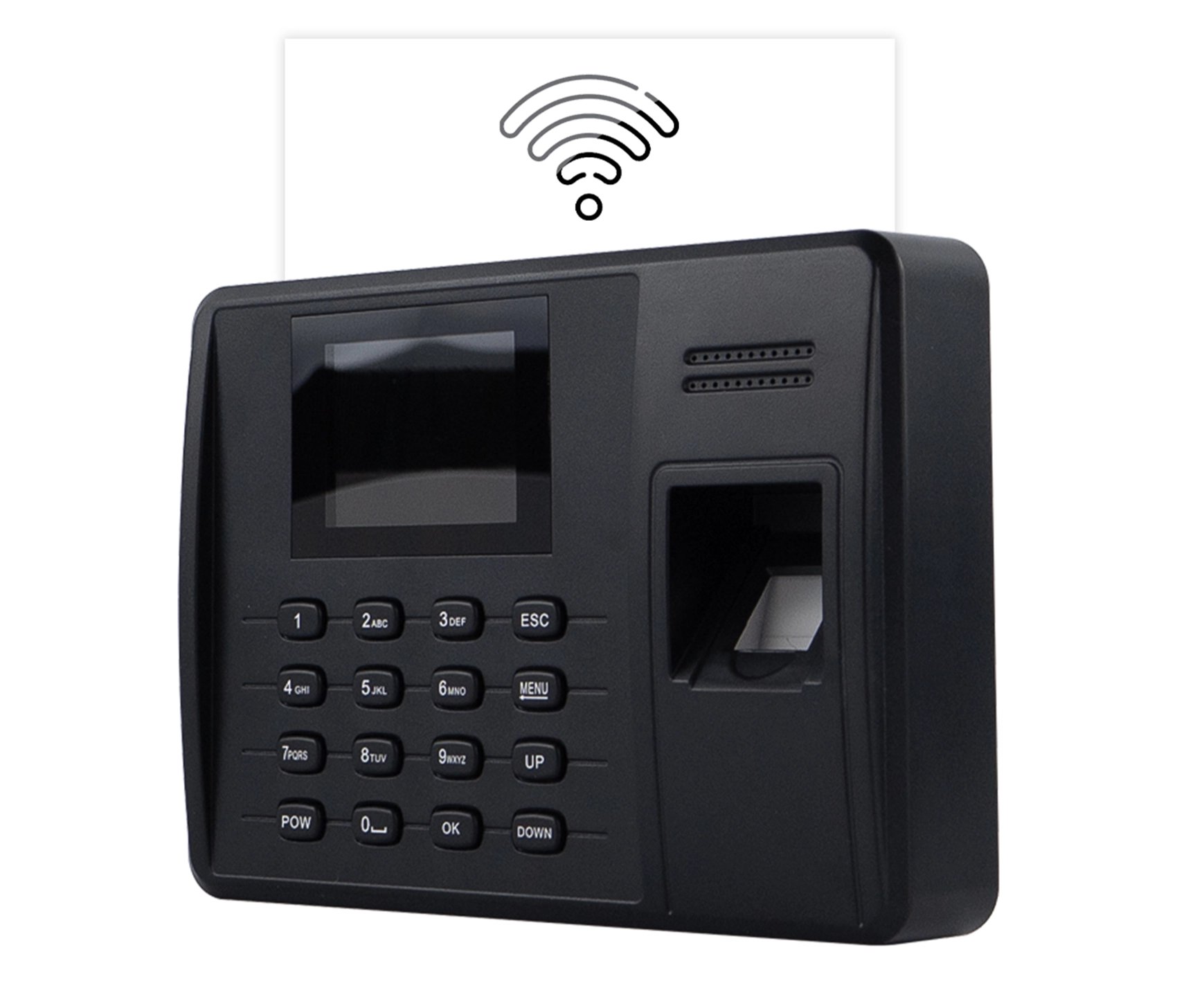 Kompaktowy terminal rejestracyjny z wyświetlaczem LCD, klawiaturą i czytnikiem biometrycznym, ikona Wi-Fi