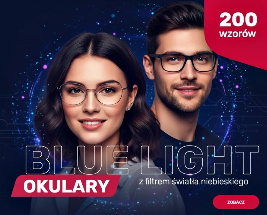 Kobieta i mężczyzna w okularach z filtrem niebieskiego światła na tle z niebieskimi światłami