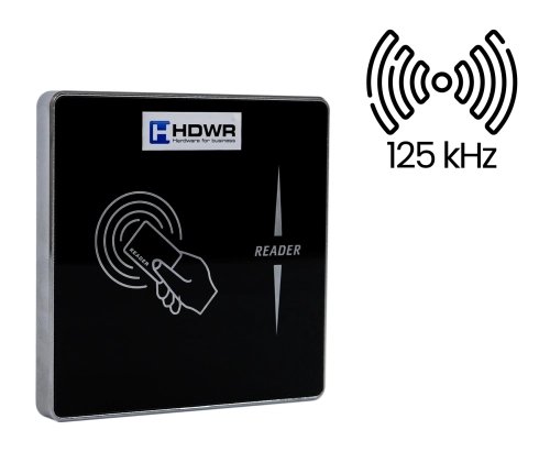 Mały czarny czytnik kart zbliżeniowych 125 kHz z logo HDWR i symbolem ręki