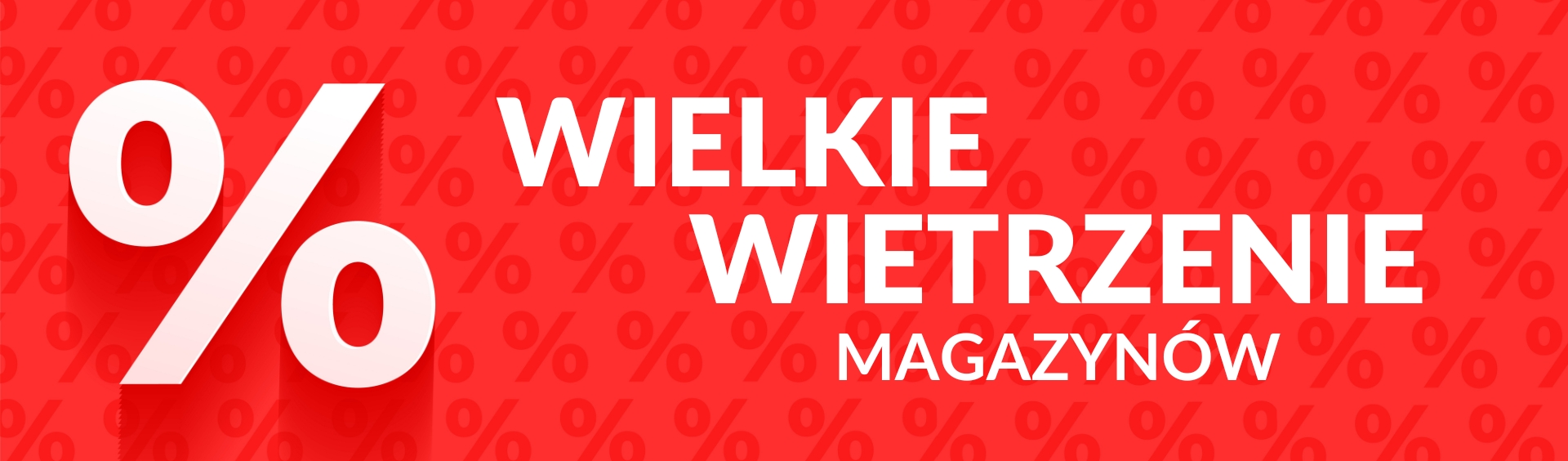 Czerwony baner promocyjny informujący o siedemdziesięcioprocentowym wietrzeniu magazynów