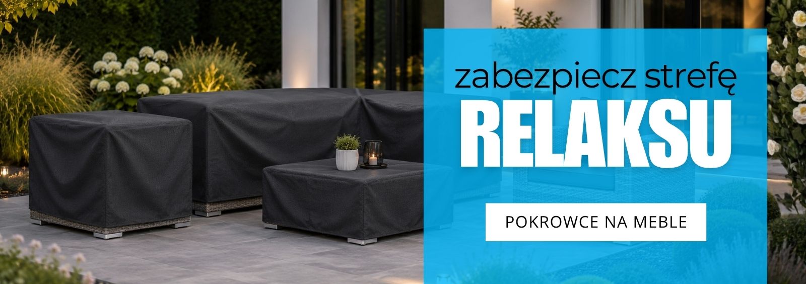 Czarne pokrowce ochronne na meble ogrodowe na patio w nocy