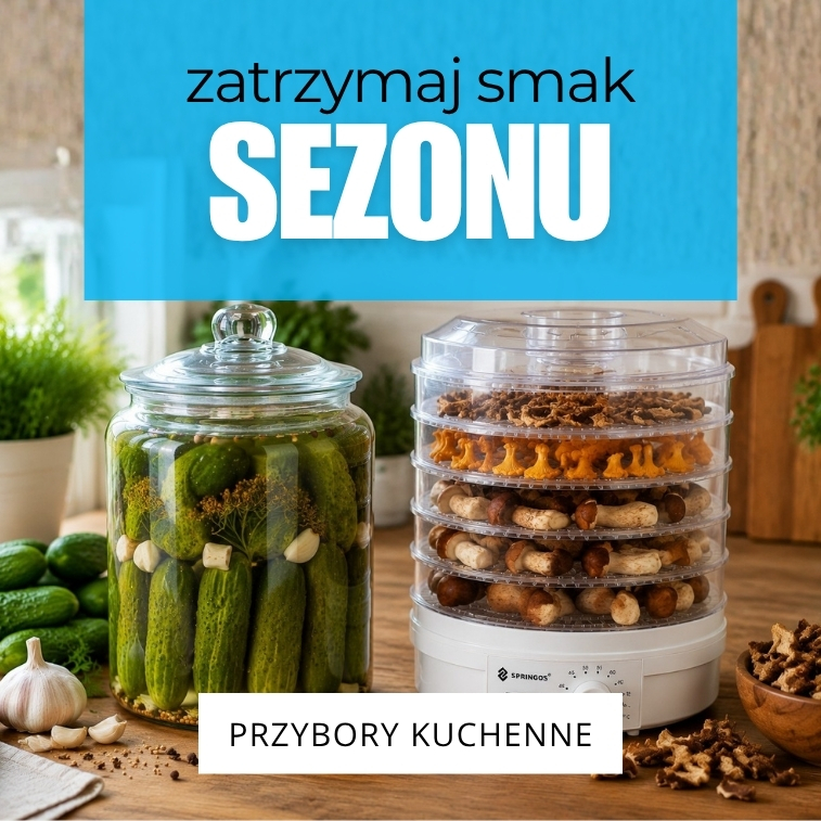 Słoik z ogórkami i urządzenie do suszenia owoców na blacie kuchennym