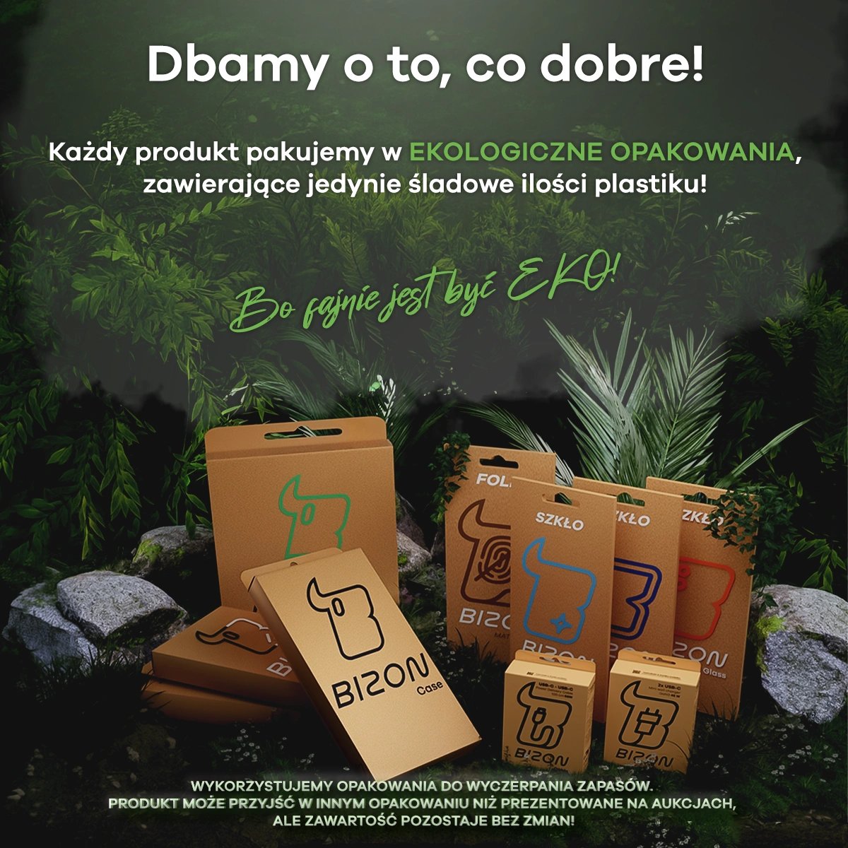 Ekologiczne opakowania kartonowe produktów Bizon z logiem i trawą w tle