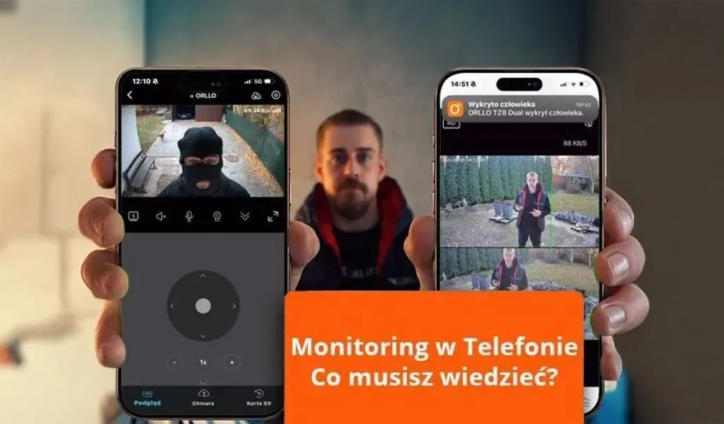 Dwa smartfony pokazujące aplikację monitoringu z nagraniami wideo z kamer bezpieczeństwa na żywo