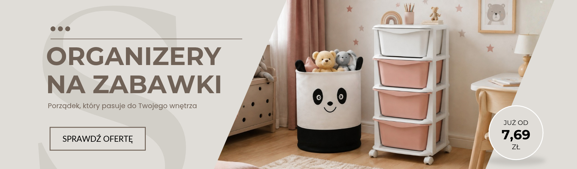 Pokój dziecka z organizerami do przechowywania: białym pudełkiem z buźką i różowymi pojemnikami na kółkach