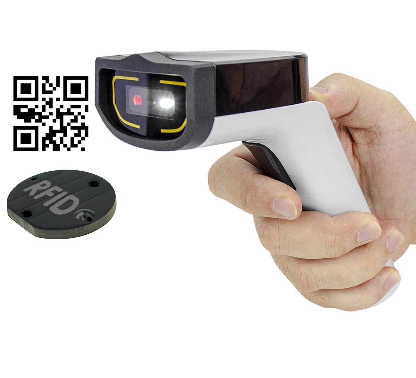 Ręczny skaner kodów QR i RFID z żółtymi akcentami i okrągłą etykietą tagu
