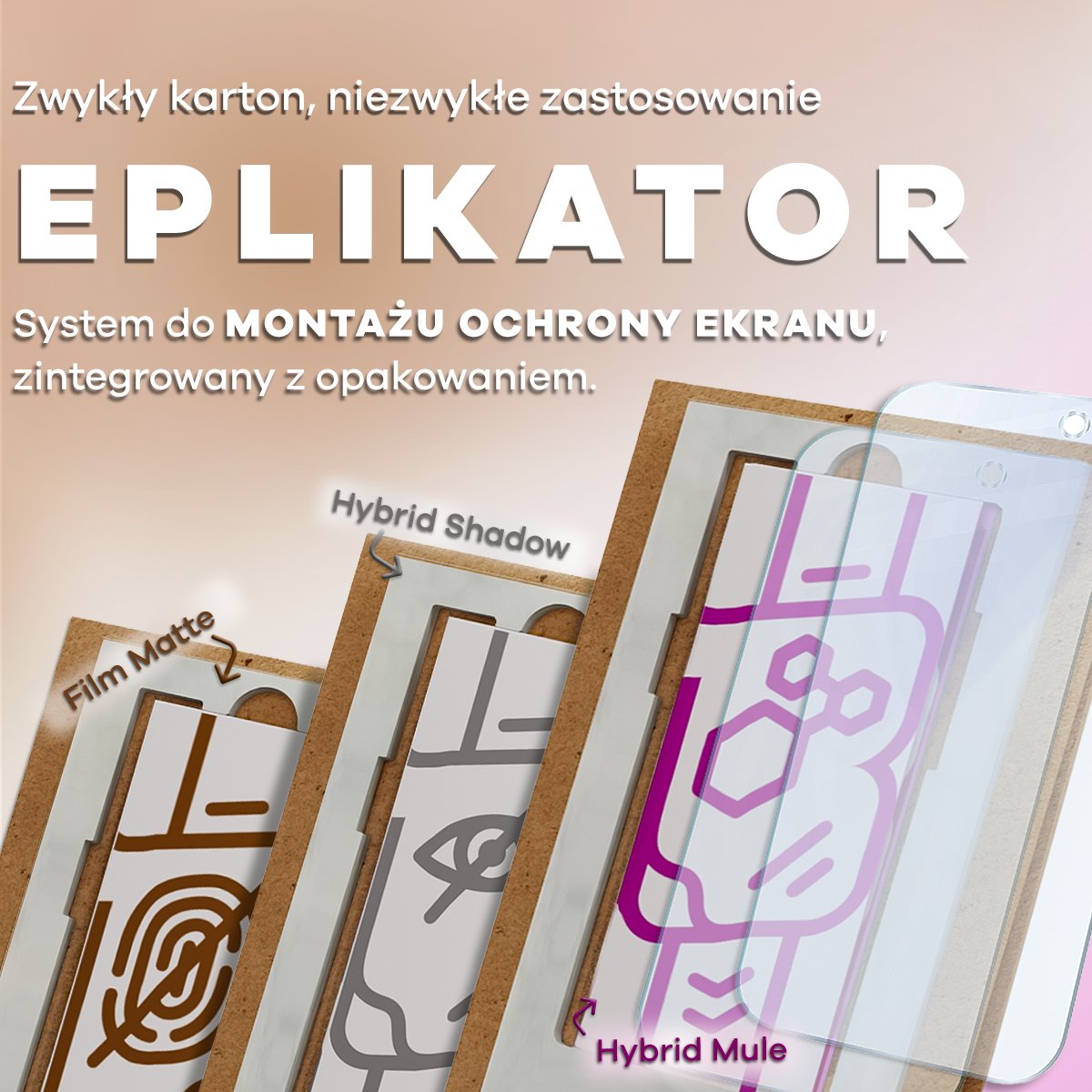 Trzy opakowania kartonowe folii ochronnych EPLIKATOR z różnymi wariantami