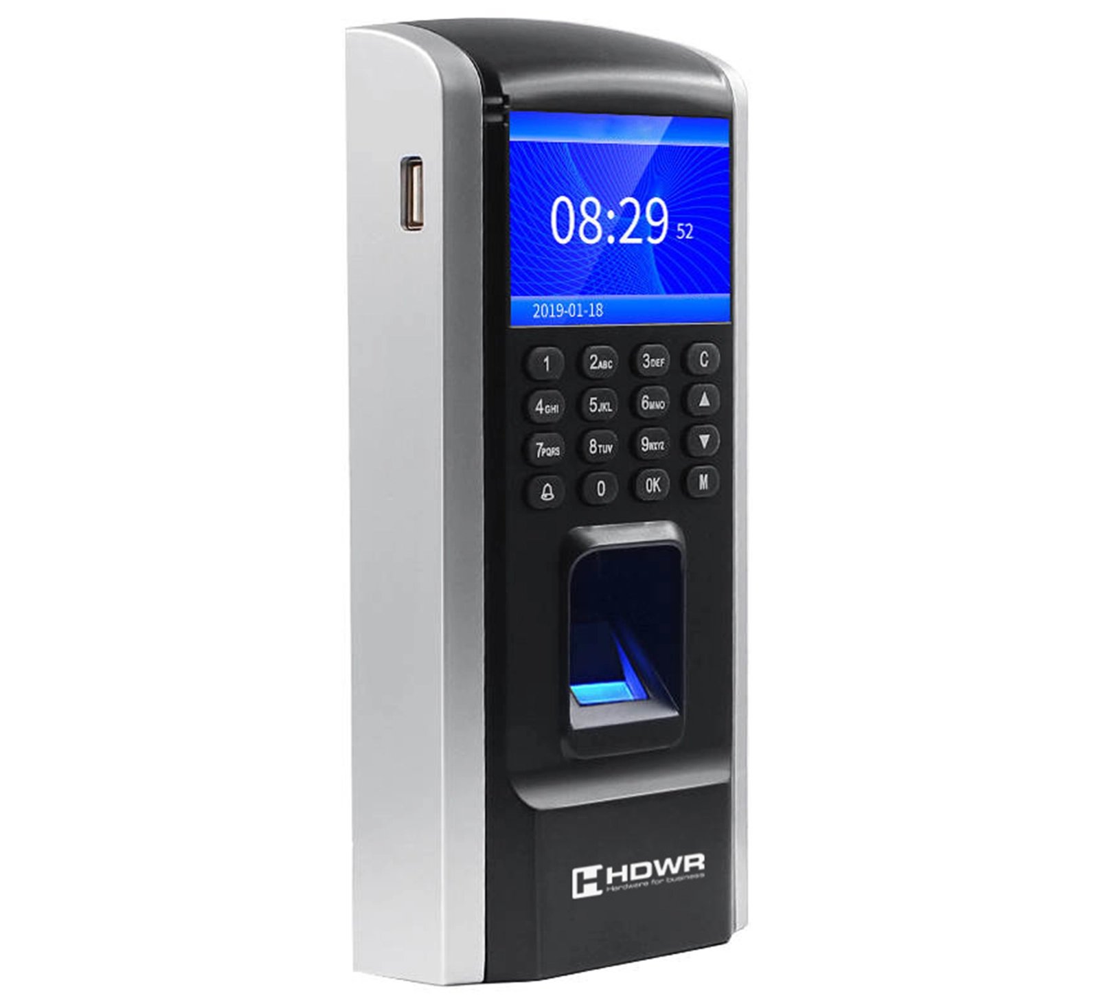 Pionowy terminal biometryczny z ekranem dotykowym, klawiaturą numeryczną i czytnikiem linii papilarnych