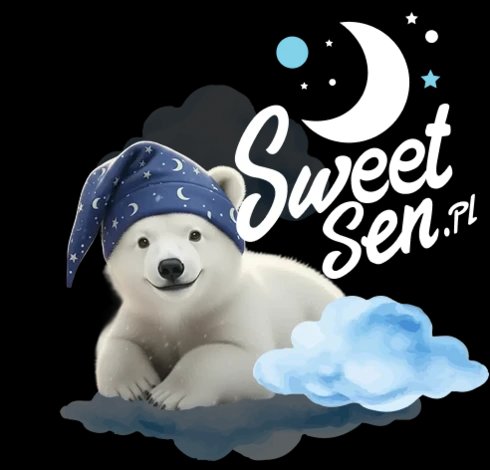 Biały niedźwiedź polarny w nocnej czapce siedzący na chmurach z księżycem i gwiazdkami na ciemnym tle