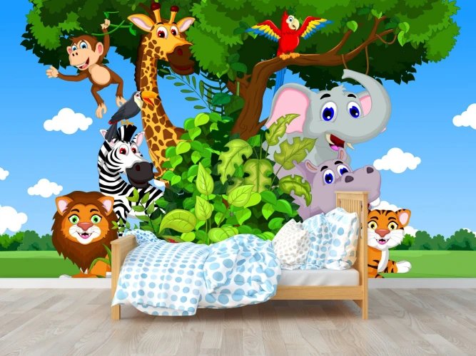 Łóżko dziecięce z kolorowymi zwierzętami safari i zieloną rośliną w tle