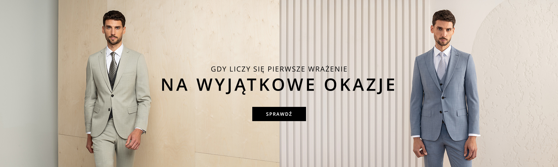Dwaj mężczyźni w garniturach – jeden w beżowym, drugi w niebieskim, stoją frontalnie