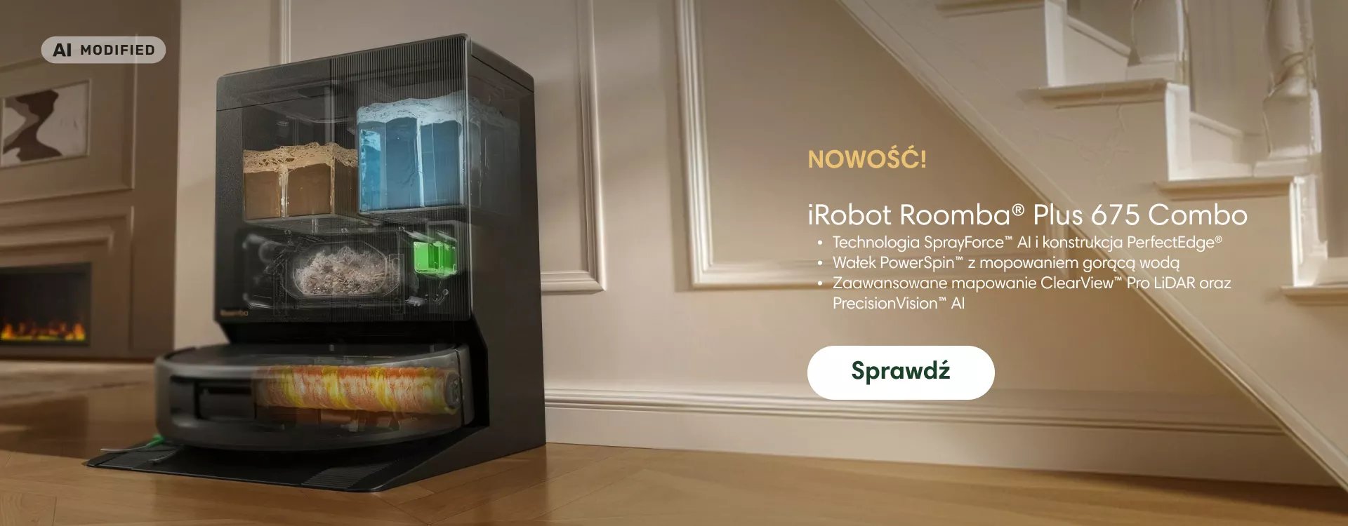 Czarny robot sprzątający z przezroczystą obudową wyświetlającą zbiornik wody i pojemnik na kurz umieszczony na drewnianej podłodze