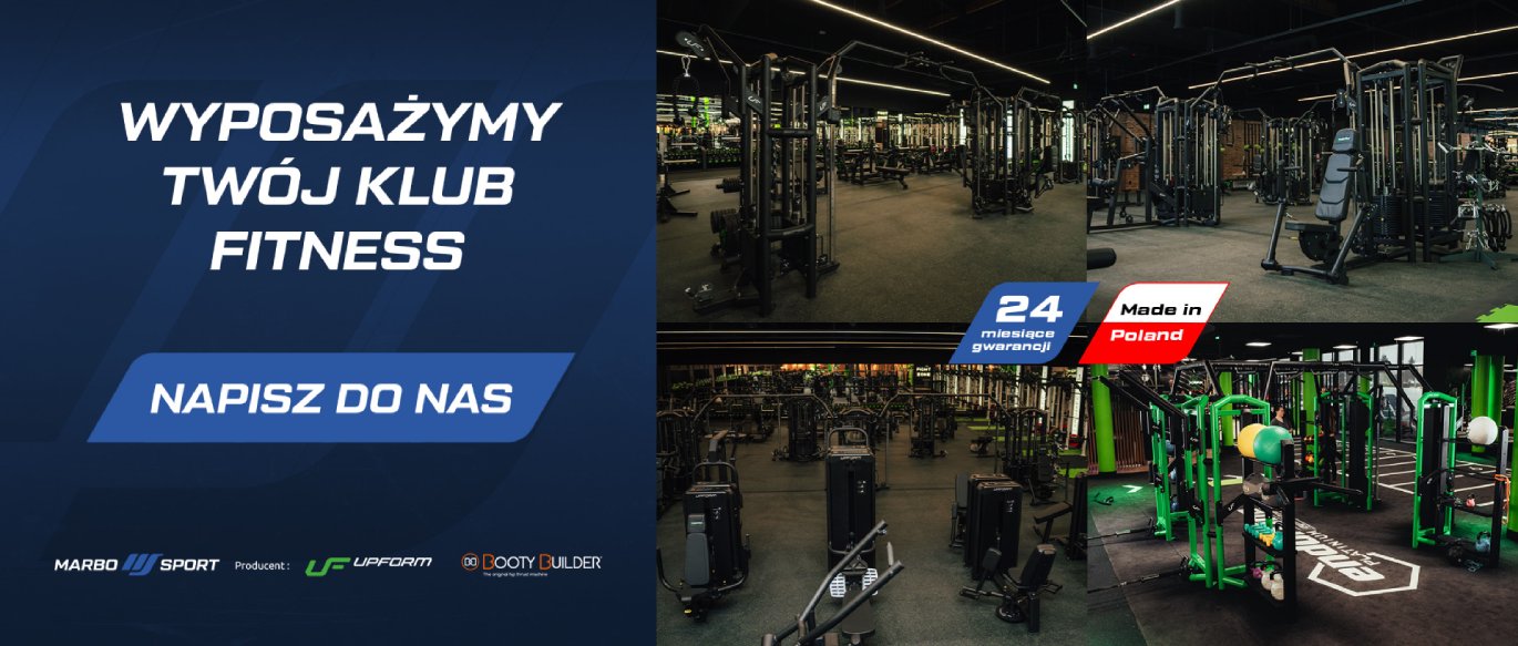 Duża hala fitness z licznymi urządzeniami treningowymi i zielonymi konstrukcjami